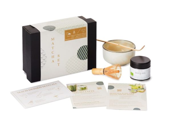 Matcha Geschenkset mit Schale, Besen, Löffel Premium Matcha k.b.A. 30 g inkl. 3 Produktkarte